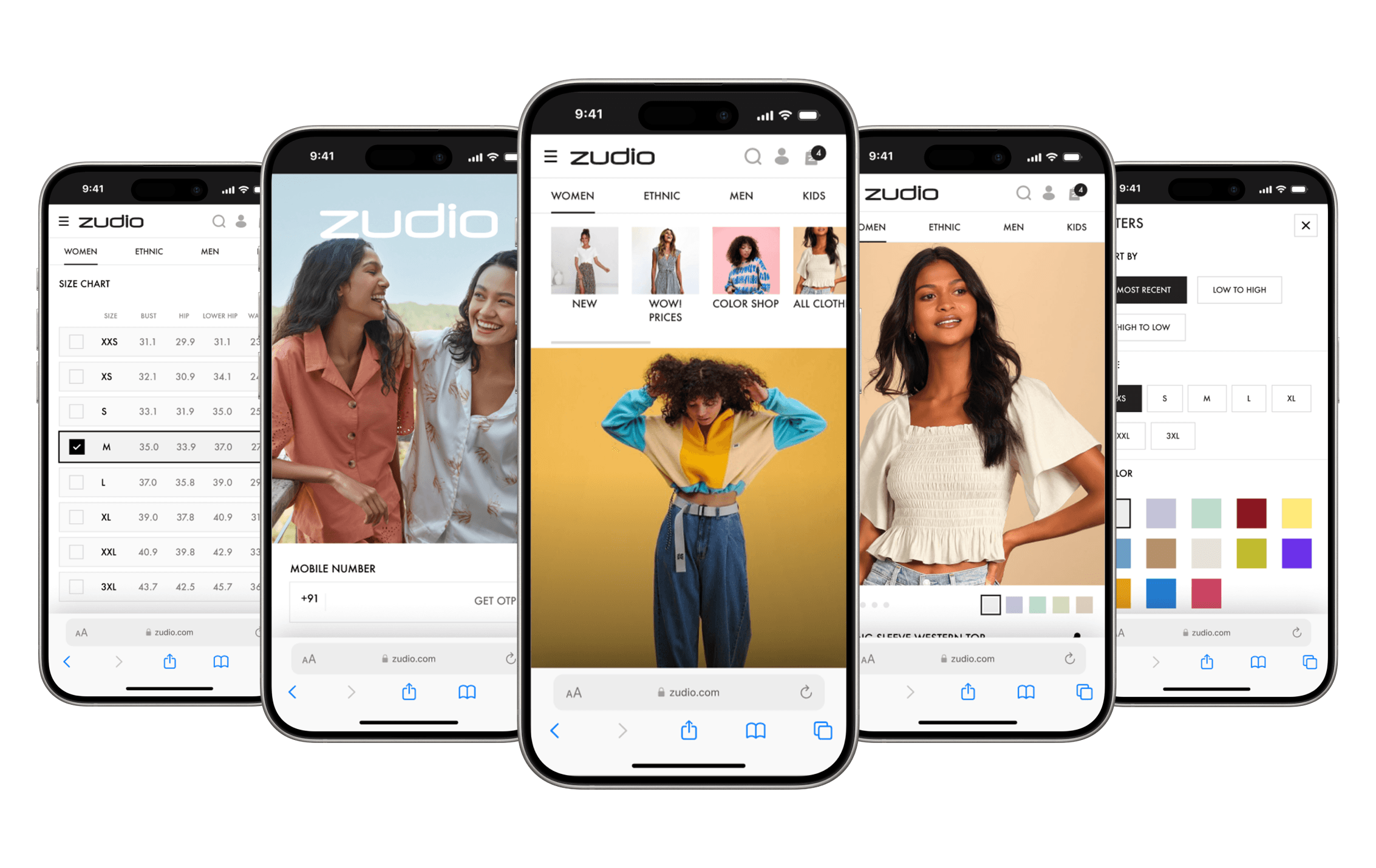 Zudio mobile screens: size chart, sign-in, category entry, product detail and filters
