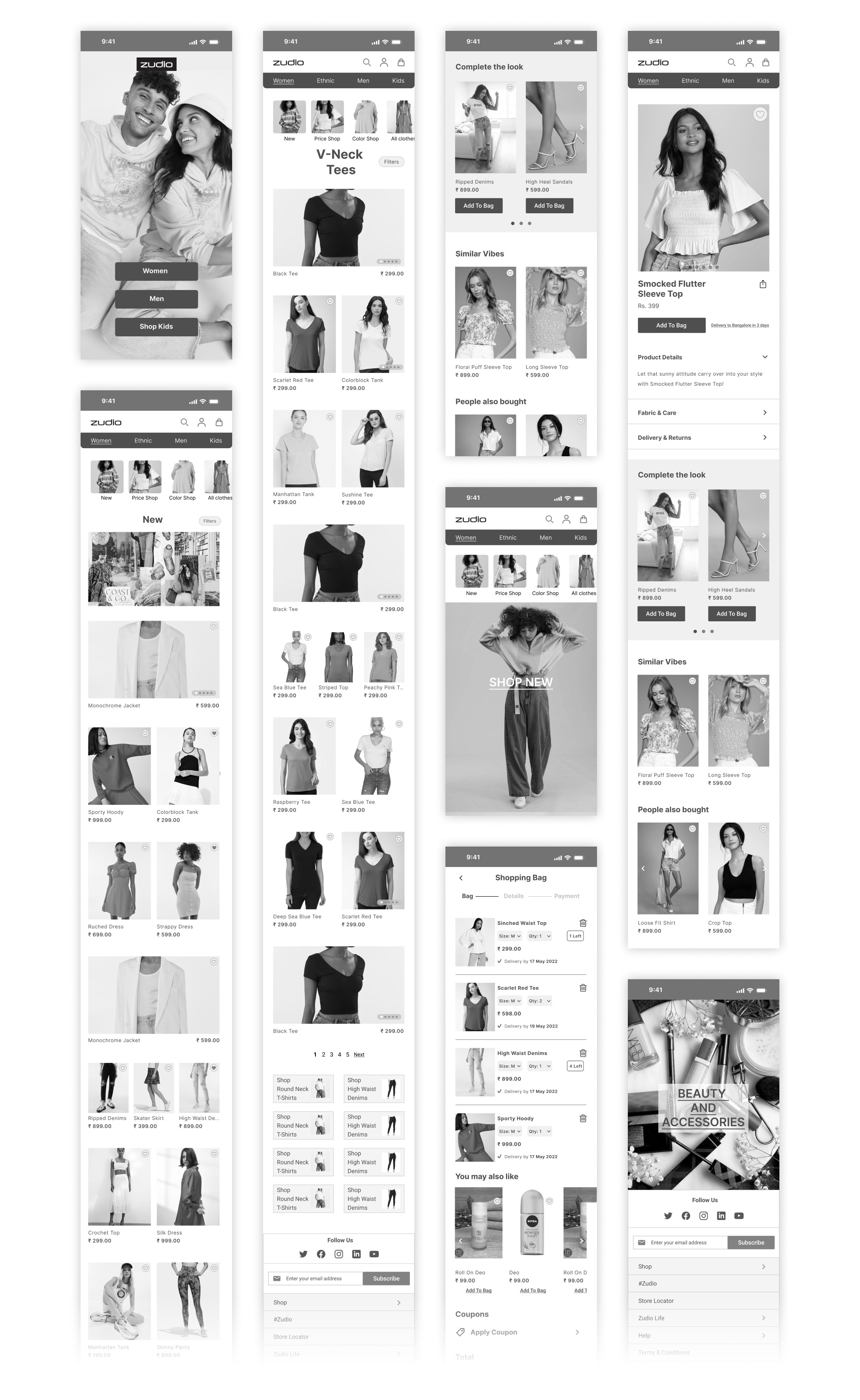 Zudio greyscale flows across the browsing and purchase journey
